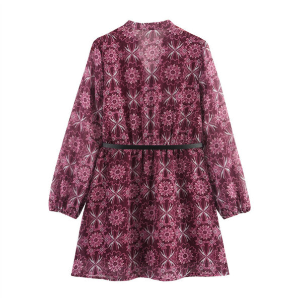 Printed V-neck Single-breasted Long Sleeve With Belt Dress - Image 6