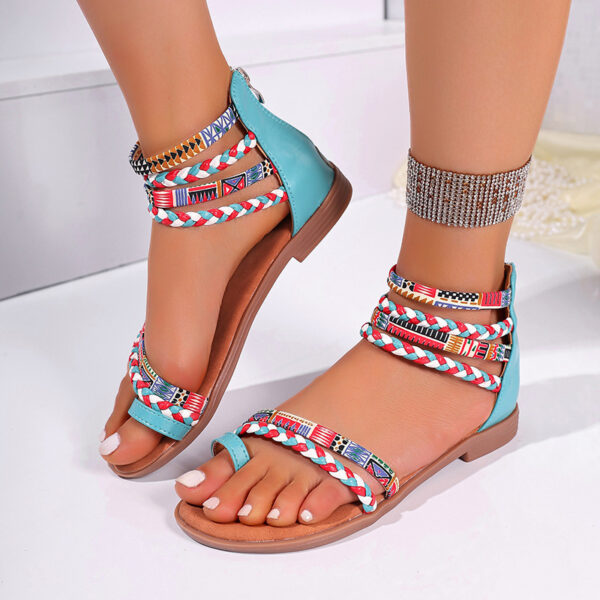Ethnic Style Flat Sandals Summer Clip Toe Colorful Weave-straped Shoes With Back Zipper Women's Bohemian Beach Shoes - Image 3