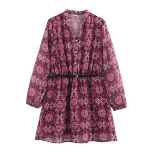 Printed V-neck Single-breasted Long Sleeve With Belt Dress