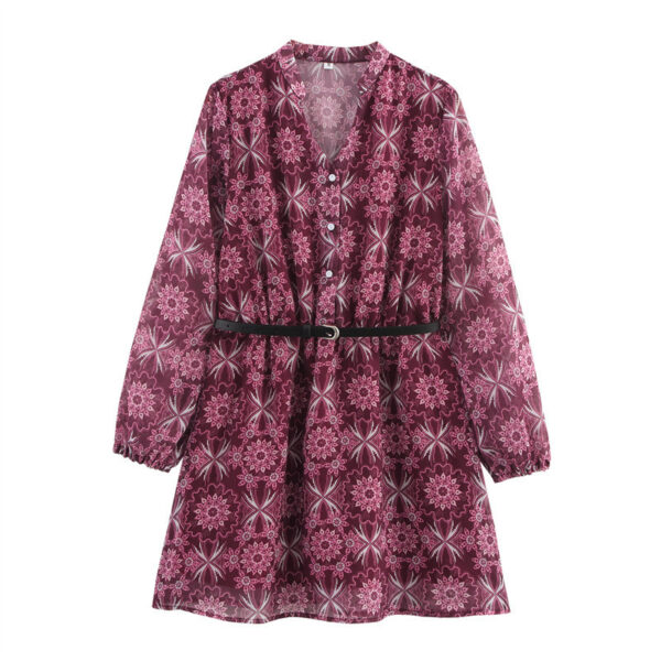 Printed V-neck Single-breasted Long Sleeve With Belt Dress