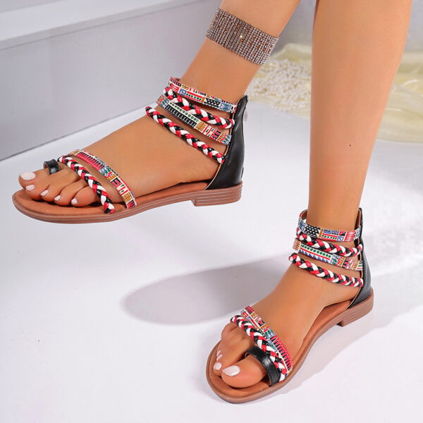 Ethnic Style Flat Sandals Summer Clip Toe Colorful Weave-straped Shoes With Back Zipper Women's Bohemian Beach Shoes - Image 5