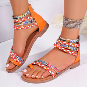 Ethnic Style Flat Sandals Summer Clip Toe Colorful Weave-straped Shoes With Back Zipper Women's Bohemian Beach Shoes