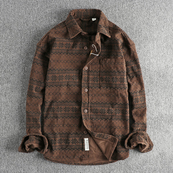 Men's Vintage Totem Printed Washed Corduroy Long-sleeved Shirt - Image 2