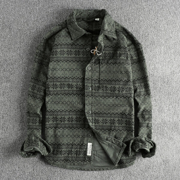 Men's Vintage Totem Printed Washed Corduroy Long-sleeved Shirt - Image 3
