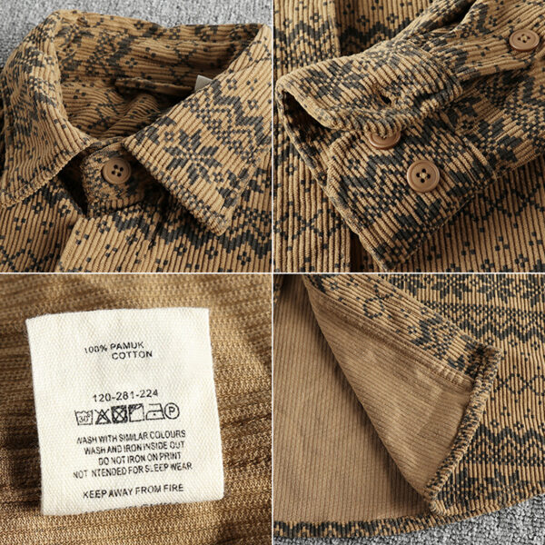 Men's Vintage Totem Printed Washed Corduroy Long-sleeved Shirt - Image 5