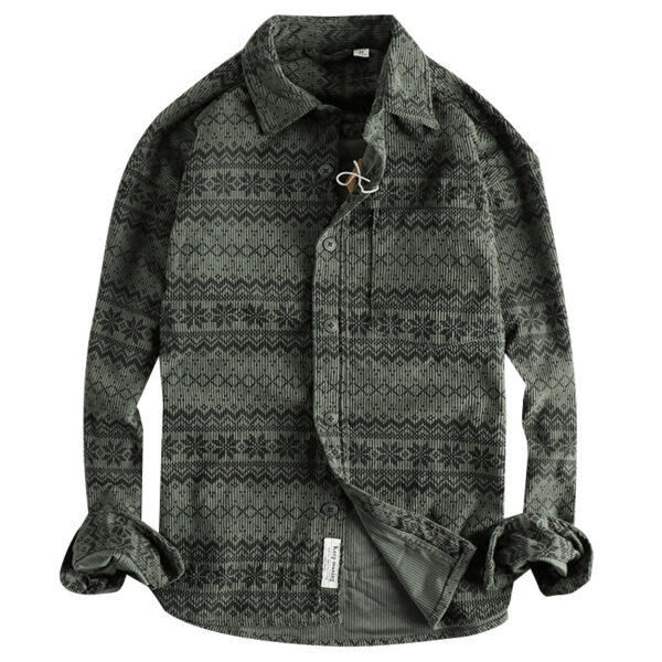 Men's Vintage Totem Printed Washed Corduroy Long-sleeved Shirt - Image 4