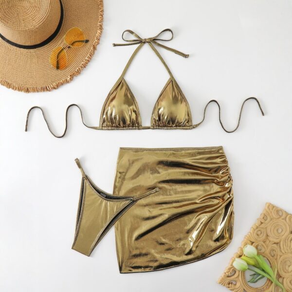 Women's Bronzing Fabric Top Halter Strap Swimsuit Set - Image 2