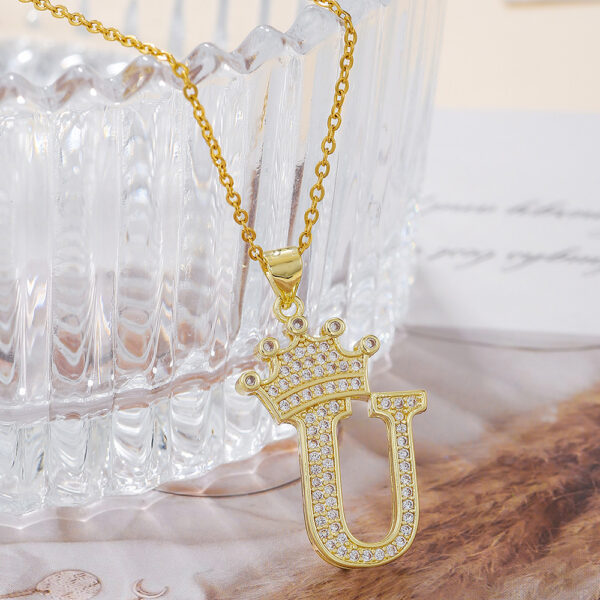 1PCS Fashionable Gold Diamond Crown Uppercase Letter Popular Pendant Necklace Suitable For Daily Use Festivals Parties Gifts Jewelry Set - Image 2