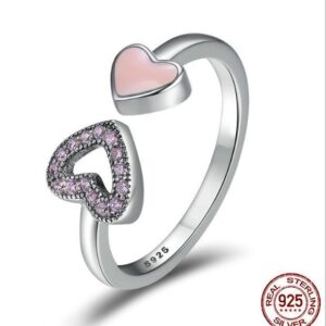 925 Sterling Silver Heart to Heart Enamel & Clear CZ Finger Ring
