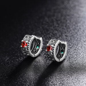 925 Sterling Silver Floral Pattern Red Green Zircon Front And Back Wear Vintage Earrings