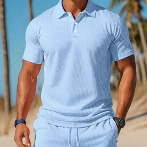 Men's Casual Beach Mesh Lapel Set Summer Comfortable Breathable Loose Solid-Color Sports Short-Sleeved Shirt And Shorts Set